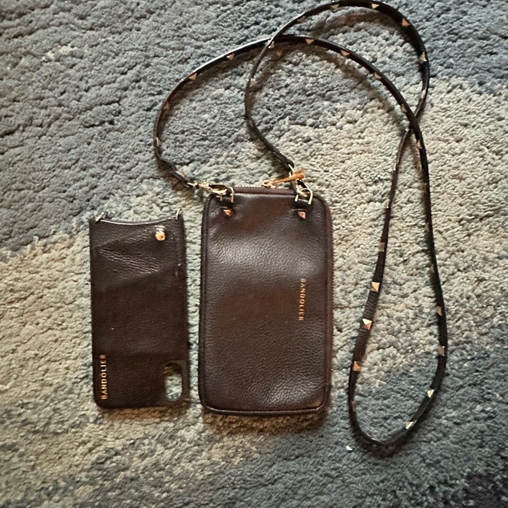 Bandolier Hailey XR iPhone case, expandable pouch and Sarah pyramid stud strap.